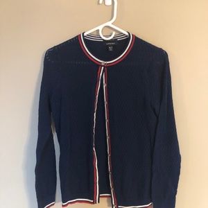 Lands End Cardigan, Navy with White/Red trim, M Tall